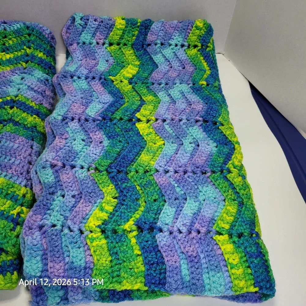Vintage Crochet Ripple Afghan Blanket 70s Chevron Zig Zag Pastel Colors 30x33(2)